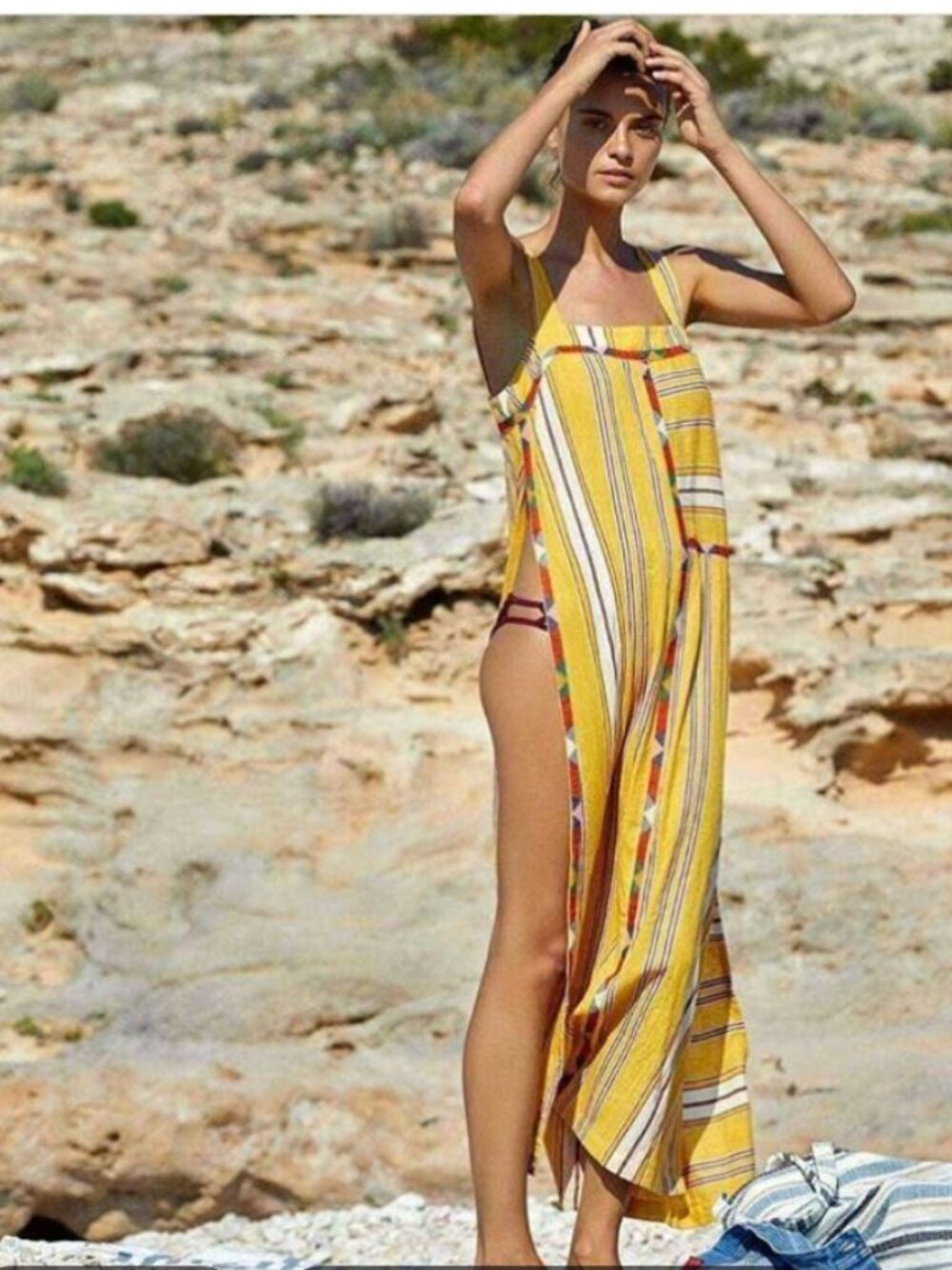 Tigerlily Purnima Yellow Stripe Button Slit Adjustable Square Neck Maxi Dress 4